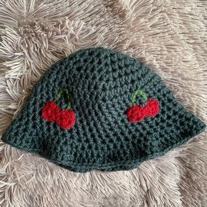 GREY CROCHET CHERRY BUCKET HAT
